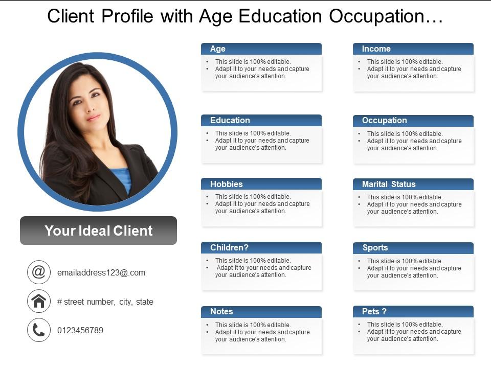 Client profile with age education occupation sports and notes Slide01