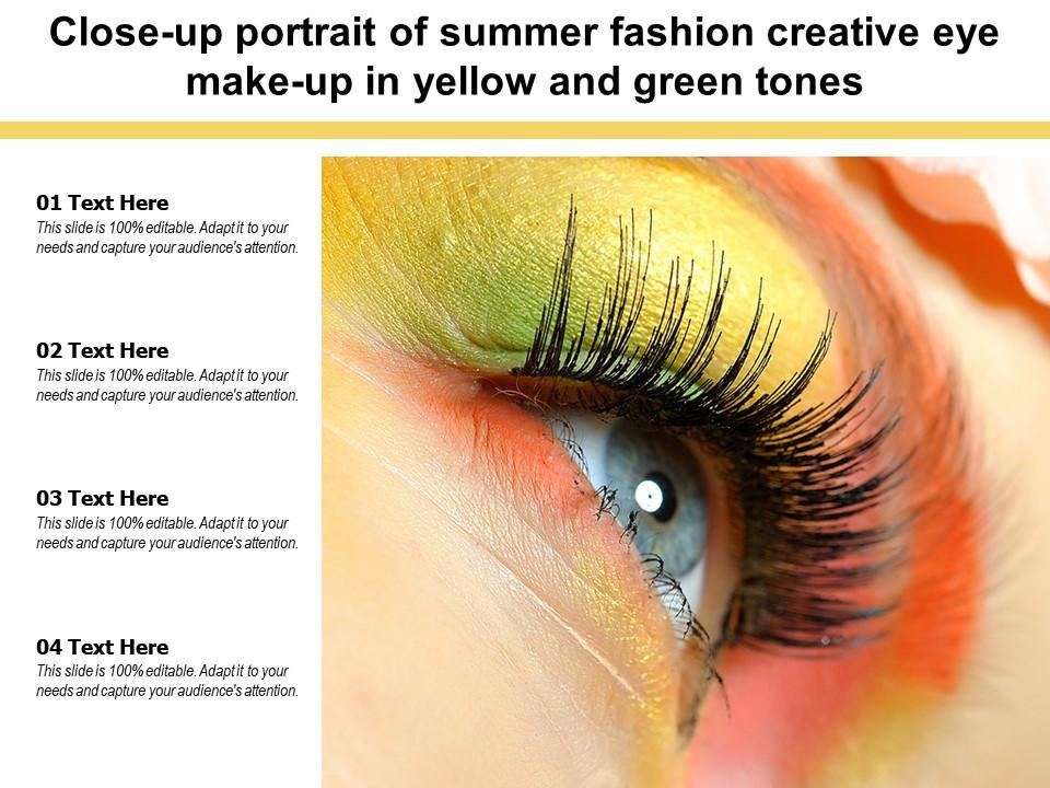 Close up portrait of summer fashion creative eye make up in yellow green tones Slide01