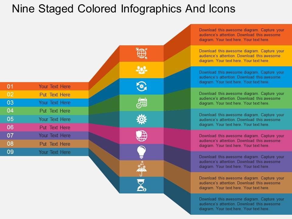 Cn nine staged colored infographics and icons flat powerpoint design Slide01