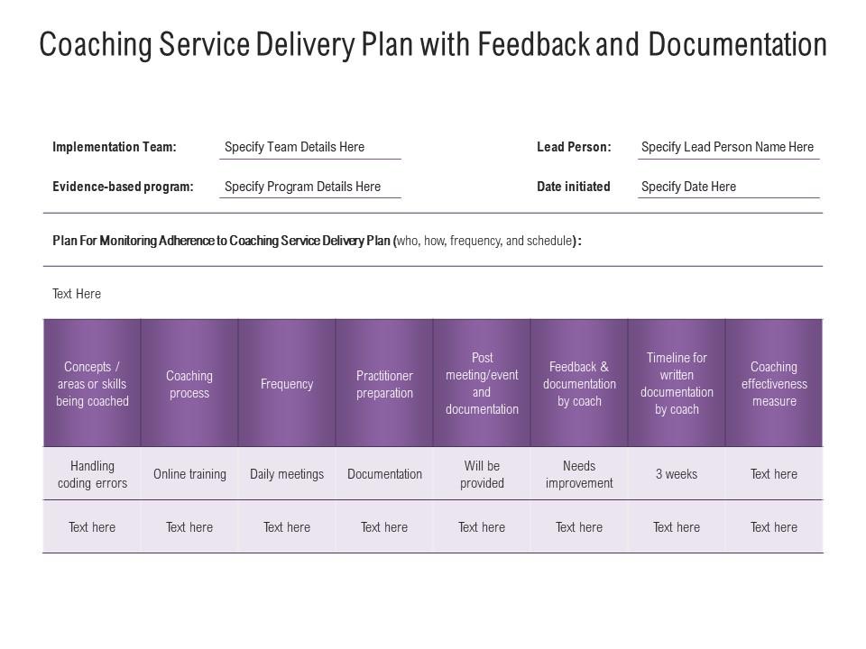 Coaching service delivery plan with feedback and documentation Slide01