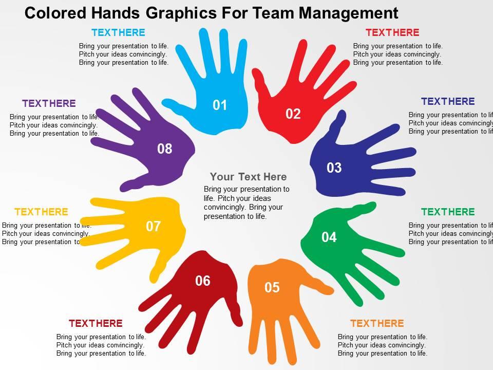 Colored hands graphics for team management flat powerpoint design Slide01