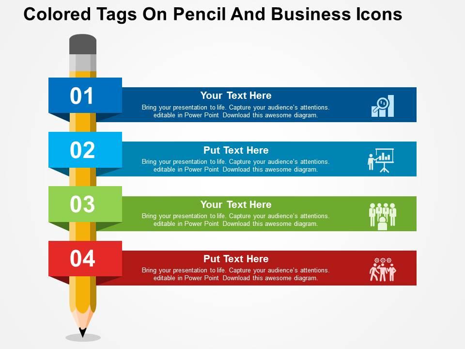 colored_tags_on_pencil_and_business_icons_flat_powerpoint_design_Slide01