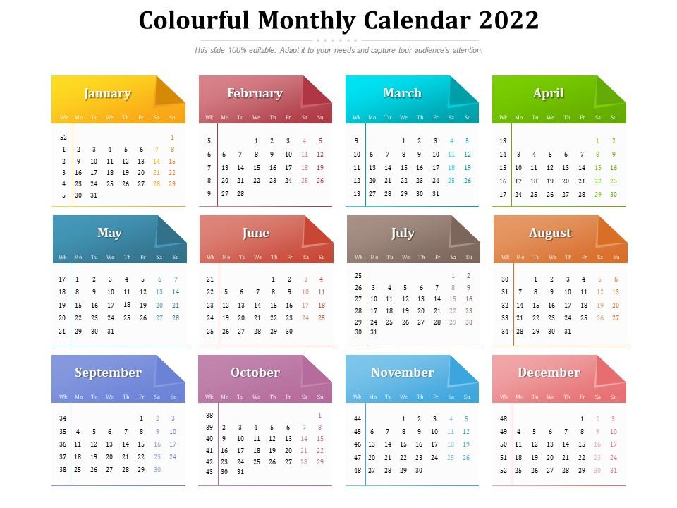 Monthly Calendar 2022 Colourful Monthly Calendar 2022 | Presentation Graphics | Presentation  Powerpoint Example | Slide Templates