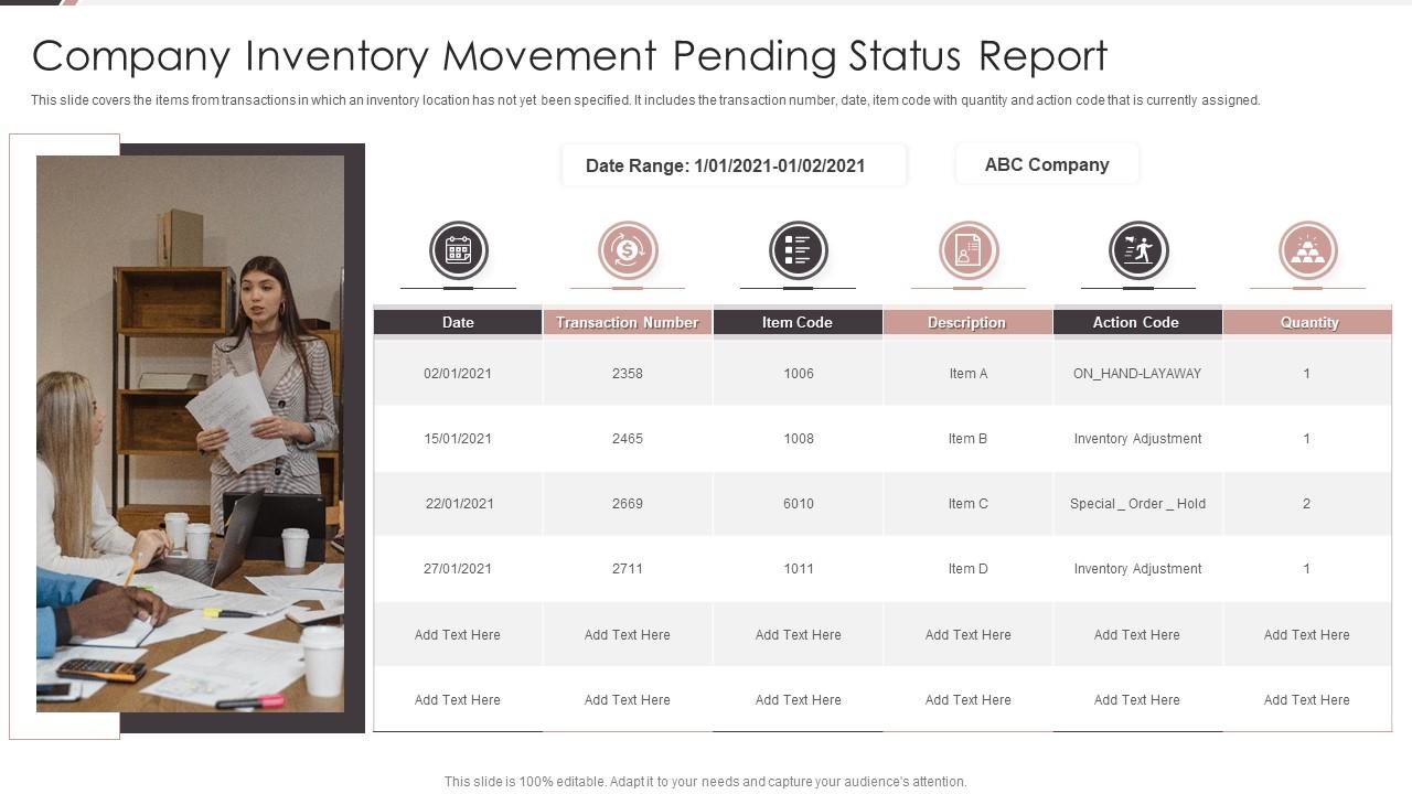 Company Inventory Movement Pending Status Report Presentation