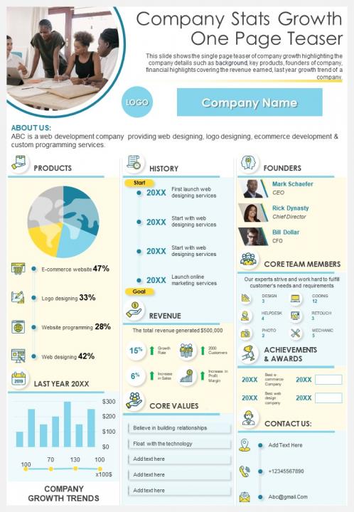 Company stats growth one page teaser presentation report infographic ppt pdf document Slide01
