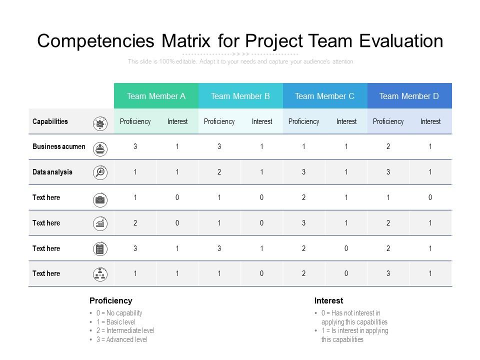 Competencies matrix for project team evaluation