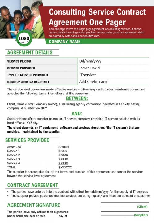 Consulting service contract agreement one pager presentation report infographic ppt pdf document Slide01