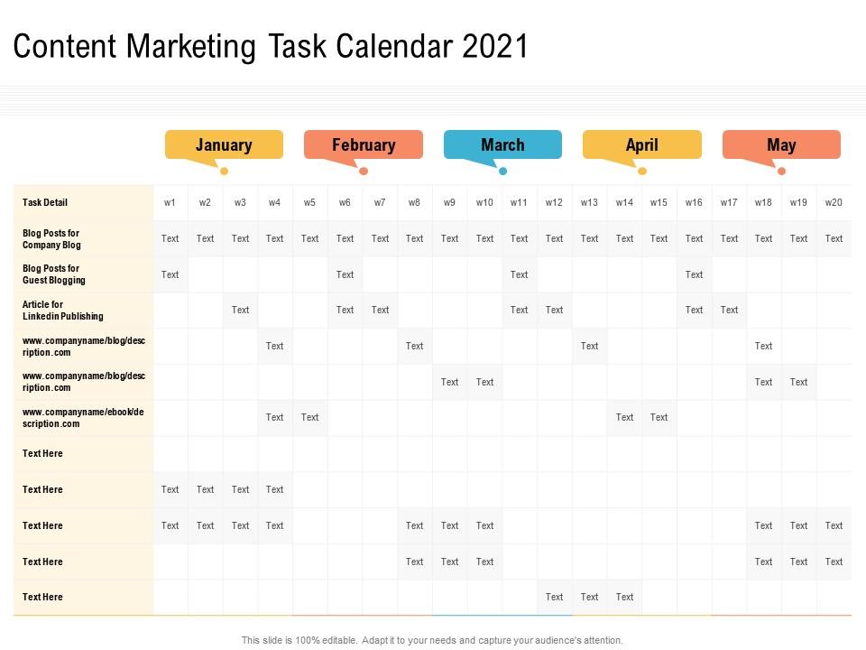 Content marketing task calendar 2021 creating an effective content planning strategy for website ppt template Slide01
