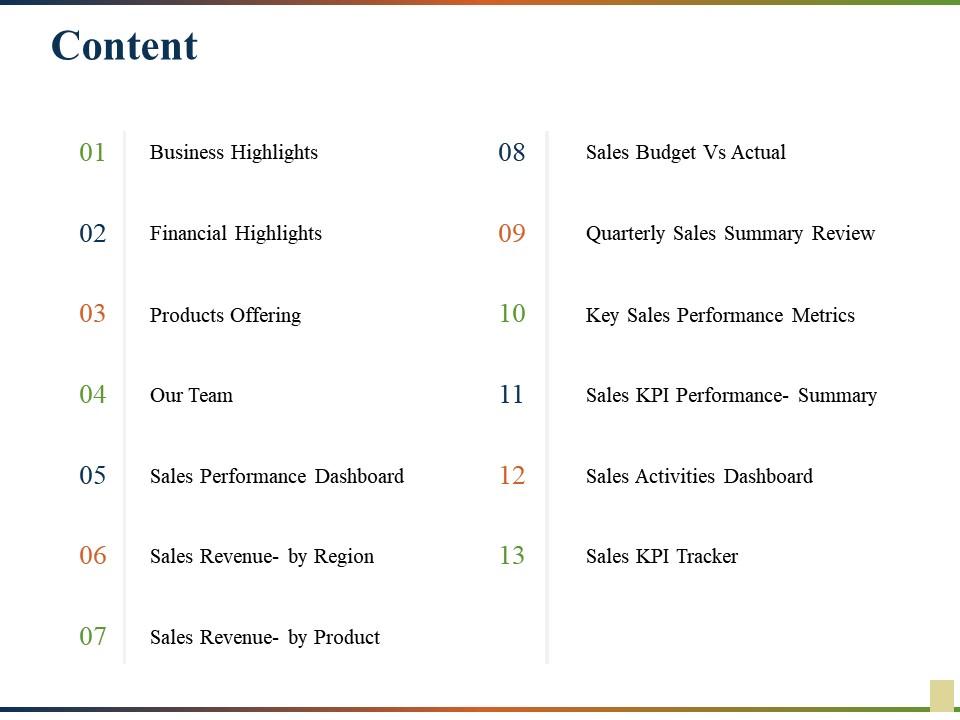 Content quarterly sales summary review sales kpi tracker Slide00