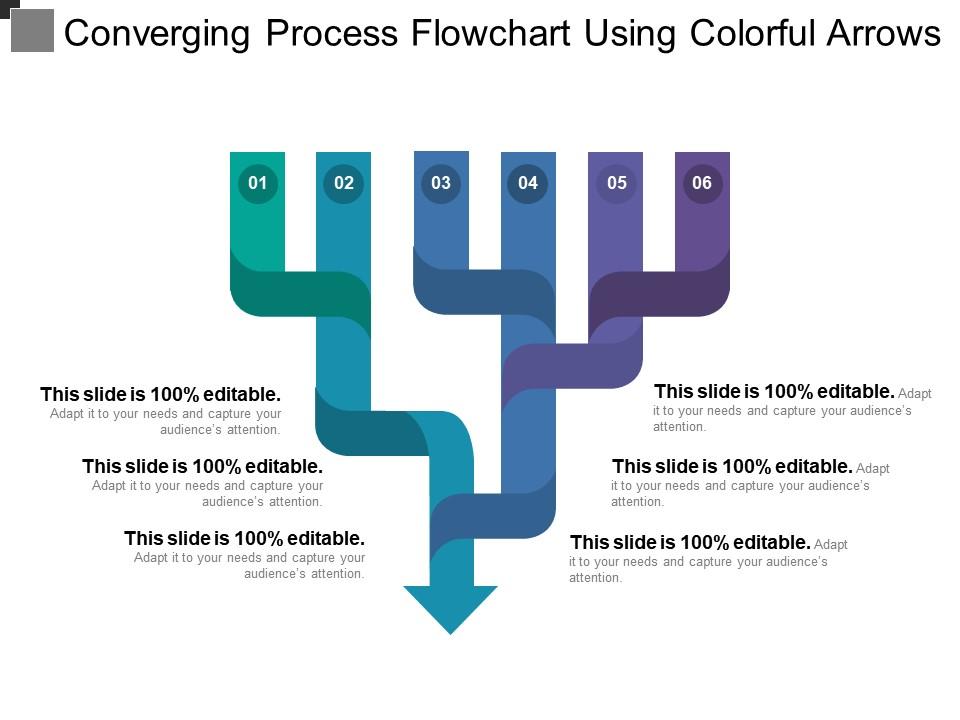 Converging process flowchart using colorful arrows Slide01