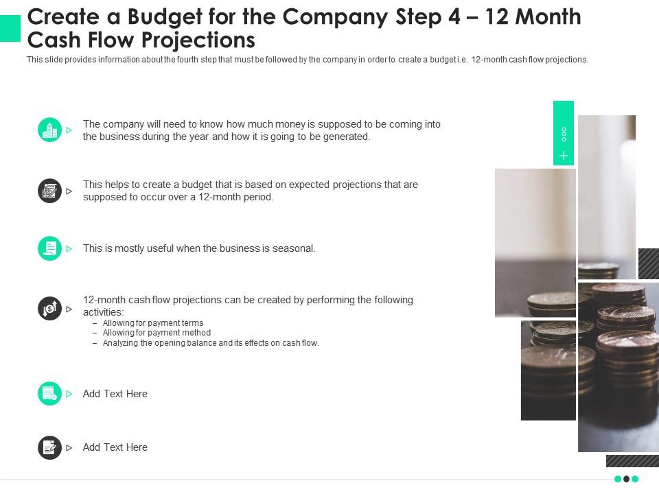 Create a budget for the company step 4 twelve month cash flow projection Slide00