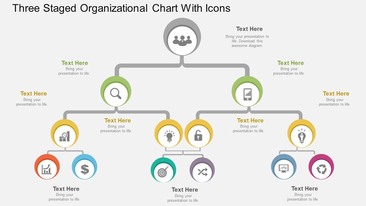 Cs three staged organizational chart with icons flat powerpoint design