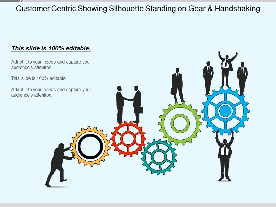 Customer centric showing silhouette standing on gear and handshaking Slide01