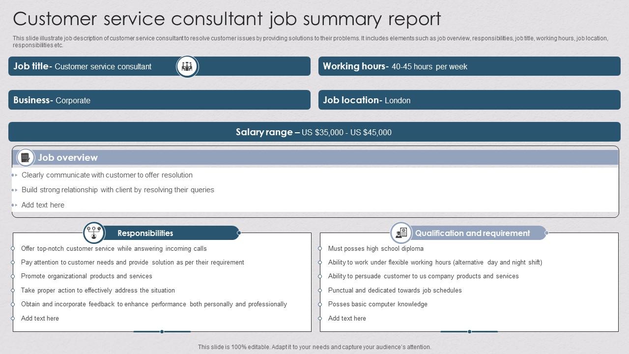 customer-service-consultant-job-summary-report-ppt-template