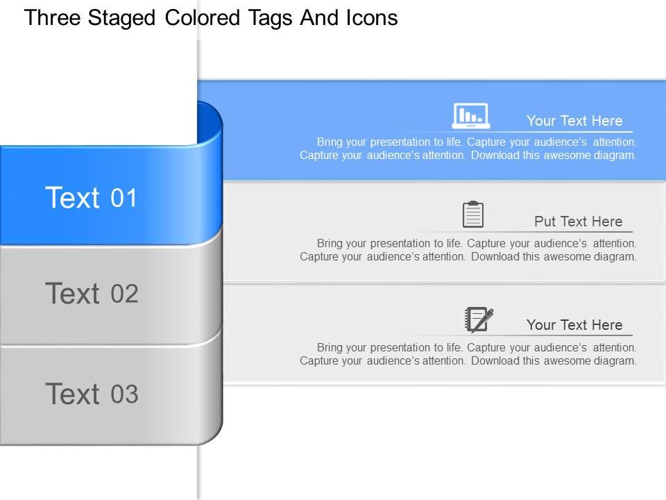 Cy three staged colored tags and icons powerpoint template Slide01