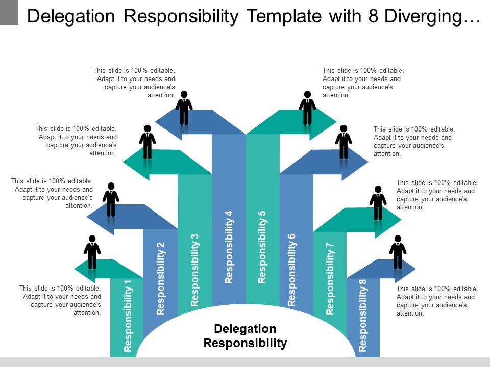 Delegation responsibility template with 8 diverging arrows Slide01