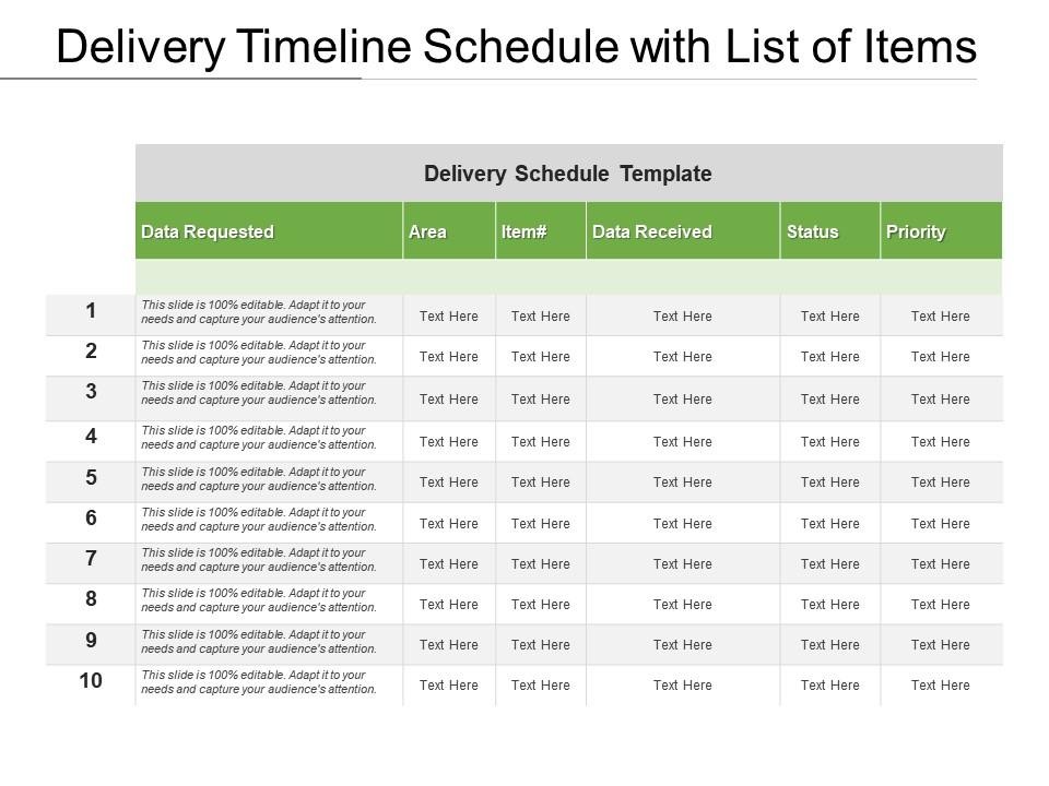 Delivery Timeline Schedule With List Of Items PowerPoint Presentation