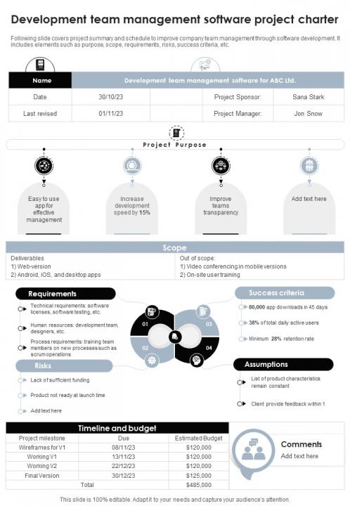 Development Team Management Software Project Charter PM SS PPT Slide