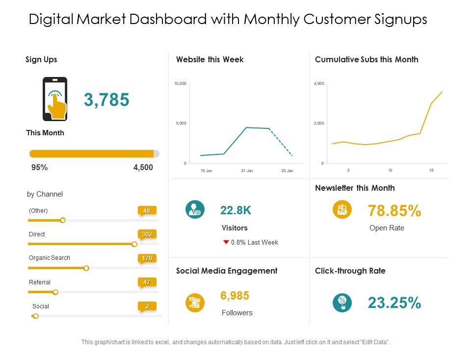 Digital market dashboard with monthly customer signups Slide01