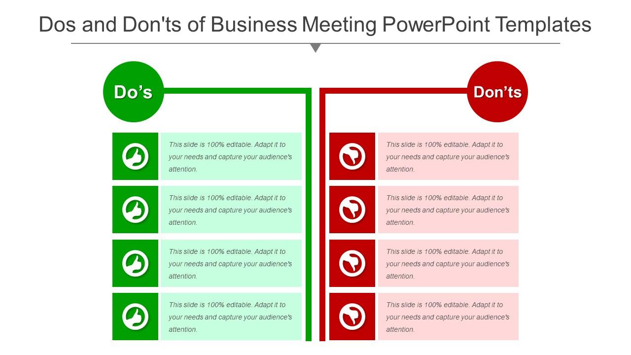 Dos and donts of business meeting powerpoint templates Slide01