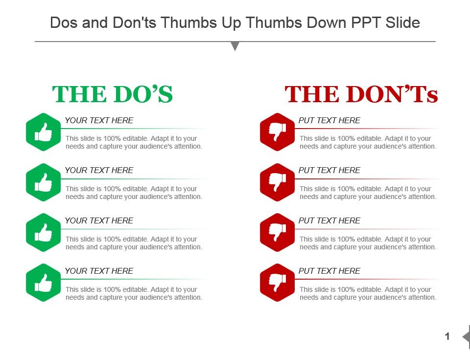 Dos and donts thumbs up thumbs down ppt slide Slide01