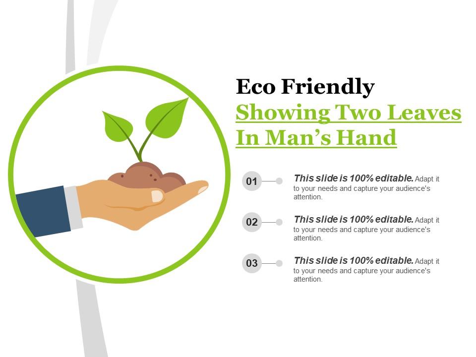 Eco friendly showing two leaves in man s hand Slide01