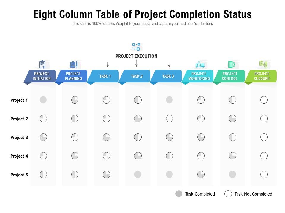 Eight column table of project completion status