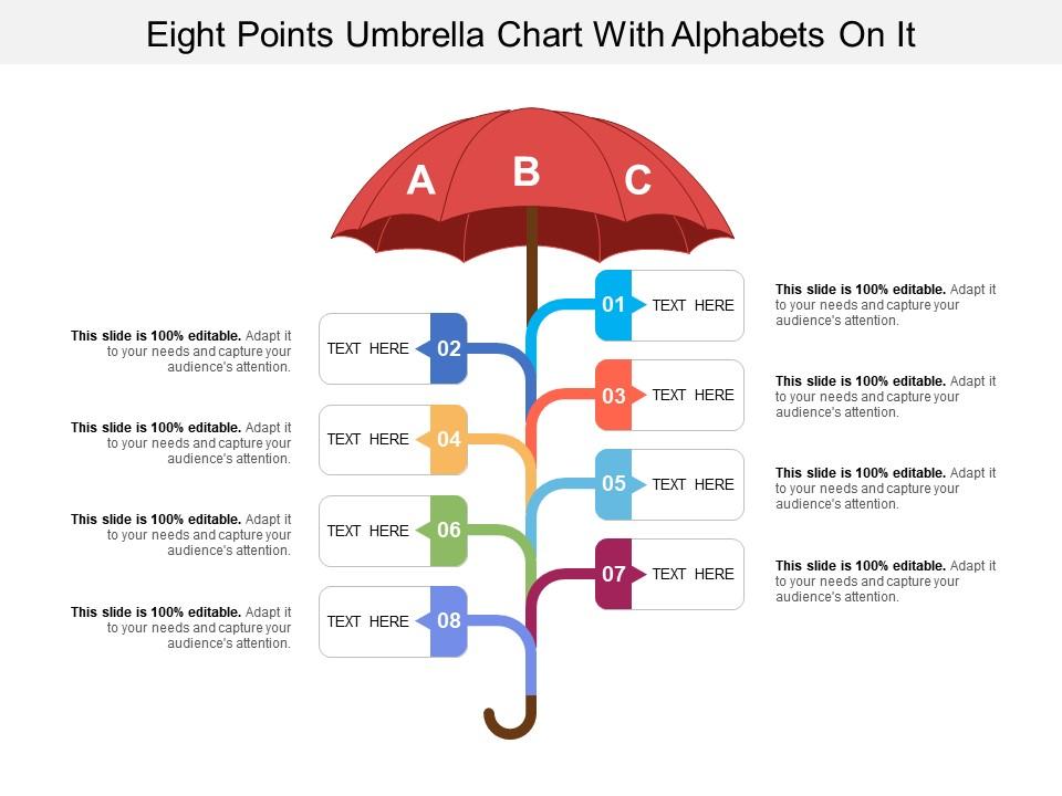 Eight points umbrella chart with alphabets on it Slide01