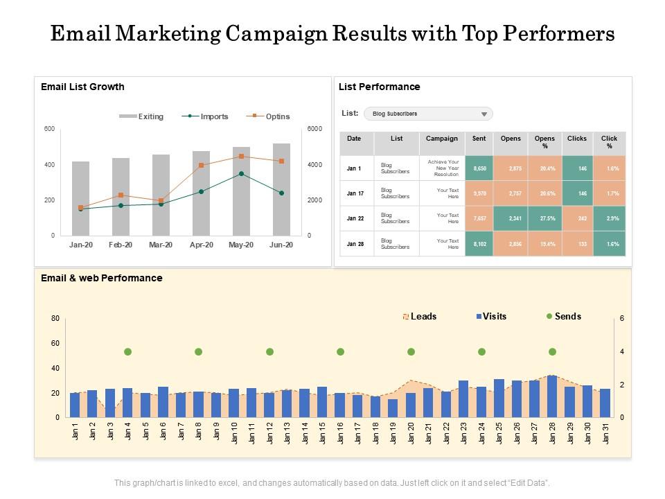 Email marketing campaign results with top performers