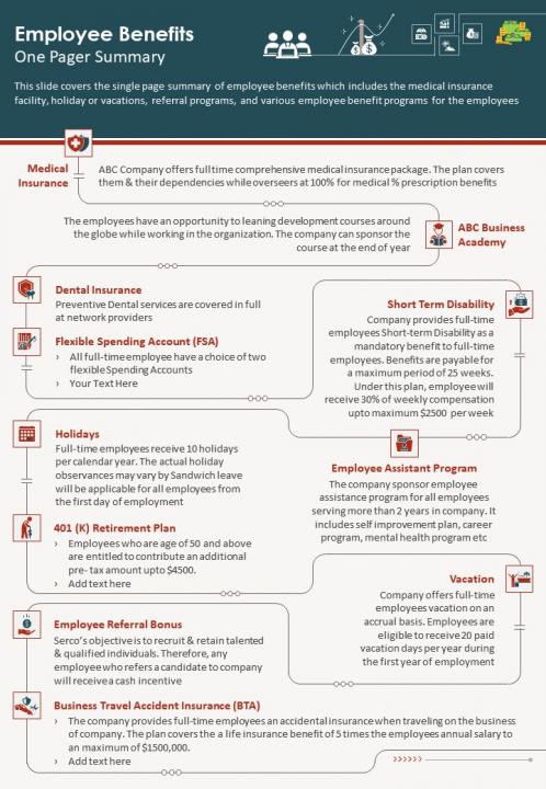 Employee benefits one pager summary presentation report infographic ppt pdf document Slide01