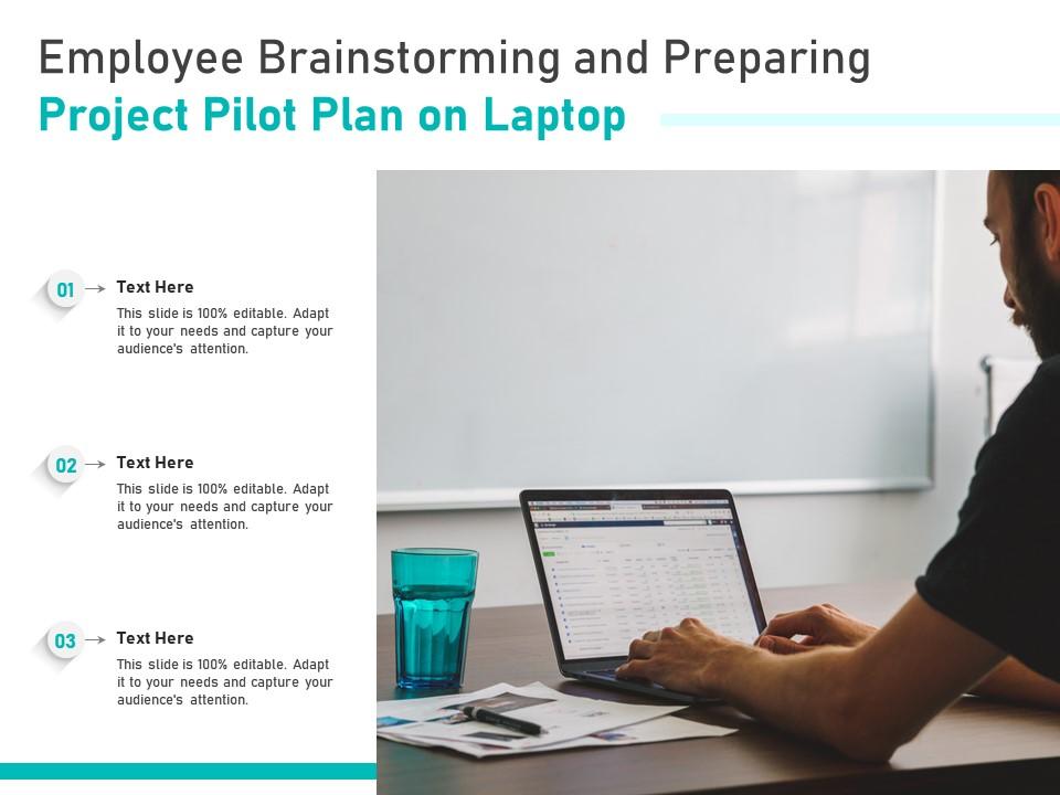 Employee brainstorming and preparing project pilot plan on laptop Slide00