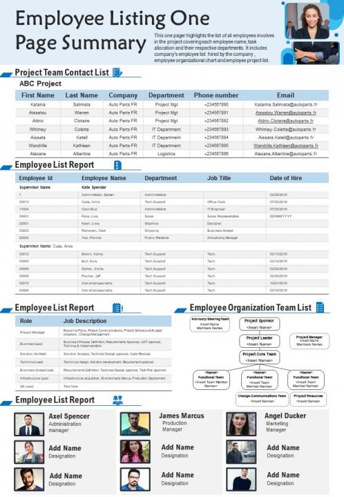 Employee Listing One Page Summary Presentation Report Infographic PPT ...