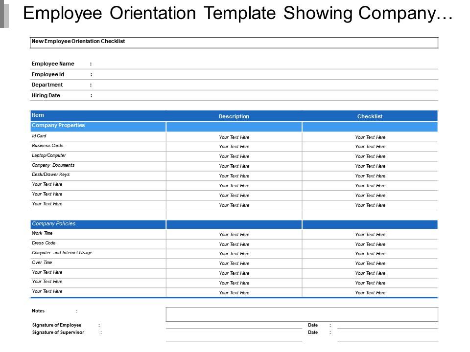 Employee orientation template showing company properties and policies Slide00