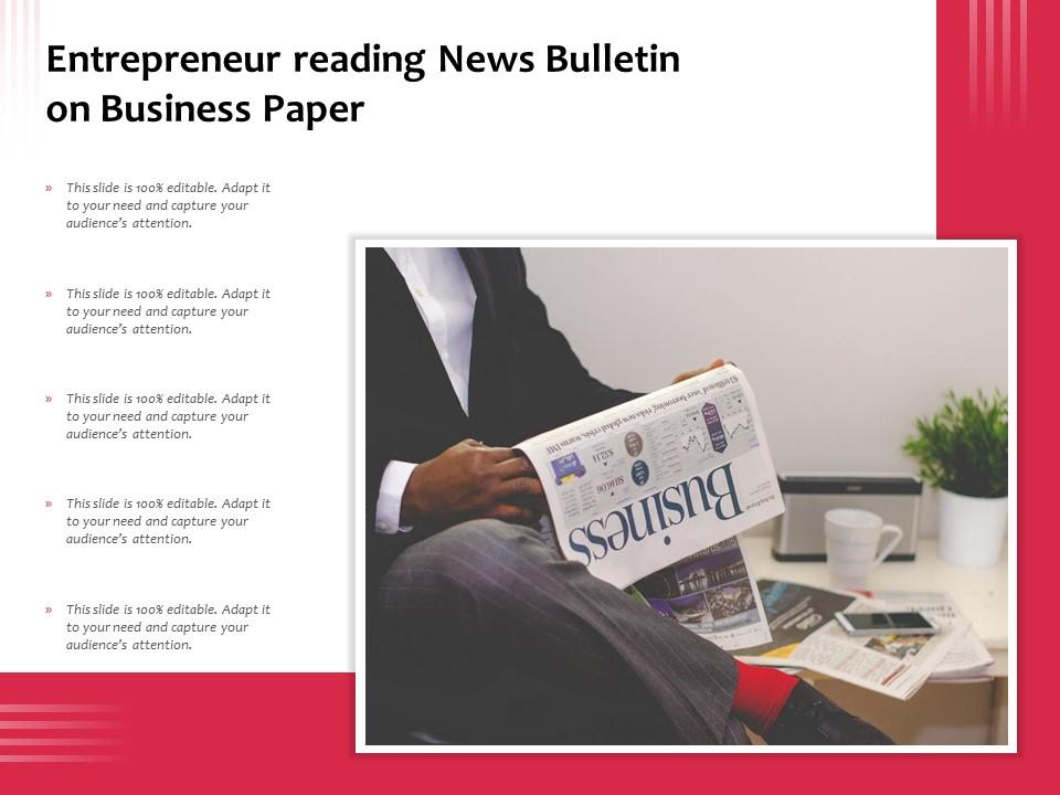 Entrepreneur reading news bulletin on business paper Slide01