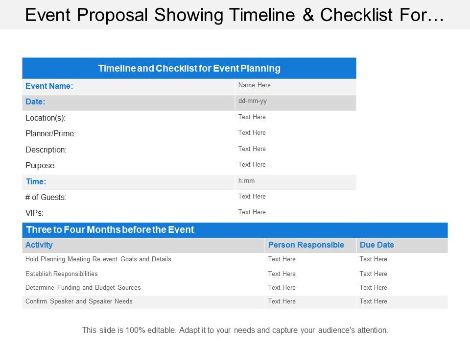 Event proposal showing timeline and checklist for event planning Slide01