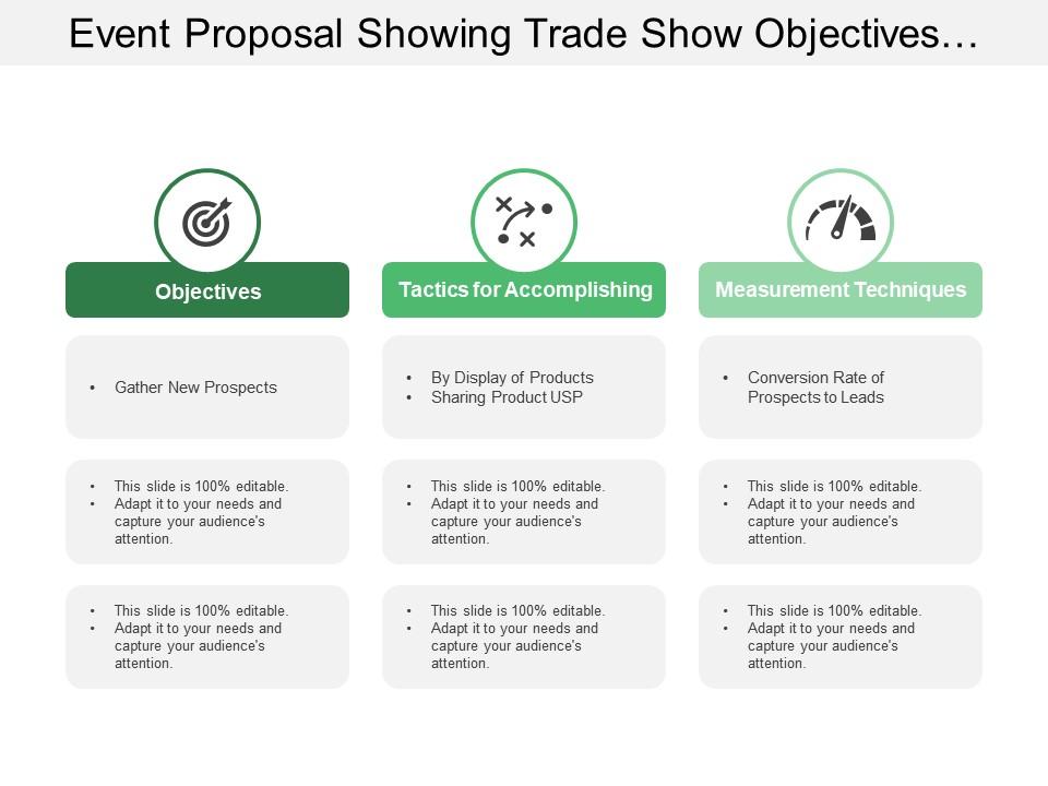 Event proposal showing trade show objectives with measurement techniques Slide01