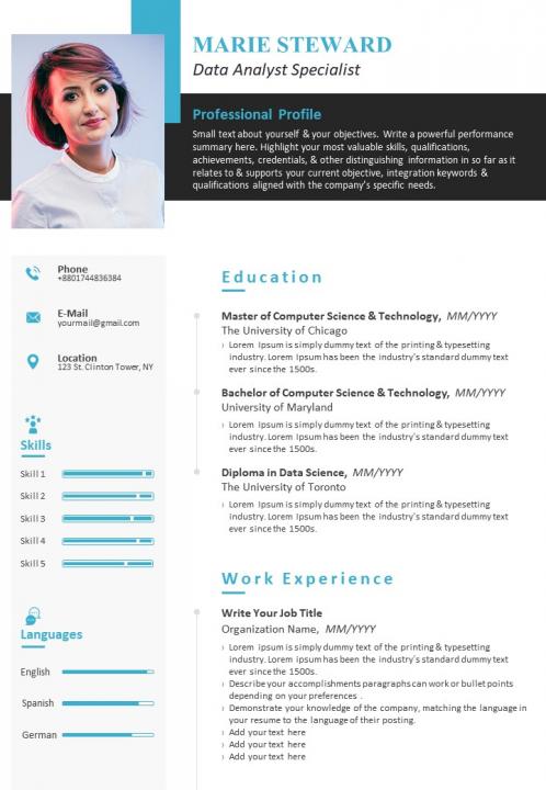 Example resume cv template for data analyst specialist Slide01