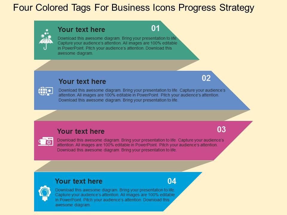 Fa four colored tags for business icons progress strategy flat powerpoint design Slide01