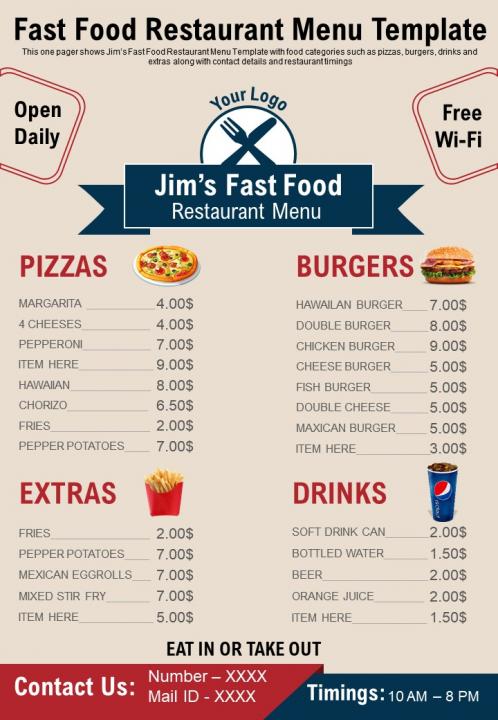 Fast food restaurant menu template presentation report infographic ppt pdf document Slide01