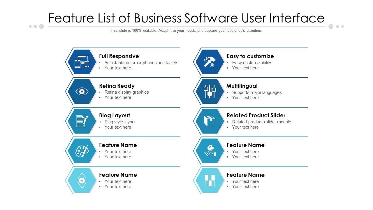 Feature list of business software user interface