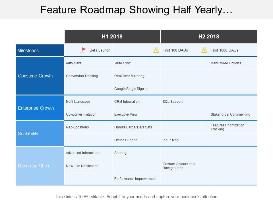 Feature roadmap showing half yearly conversion tracking timeline Slide00