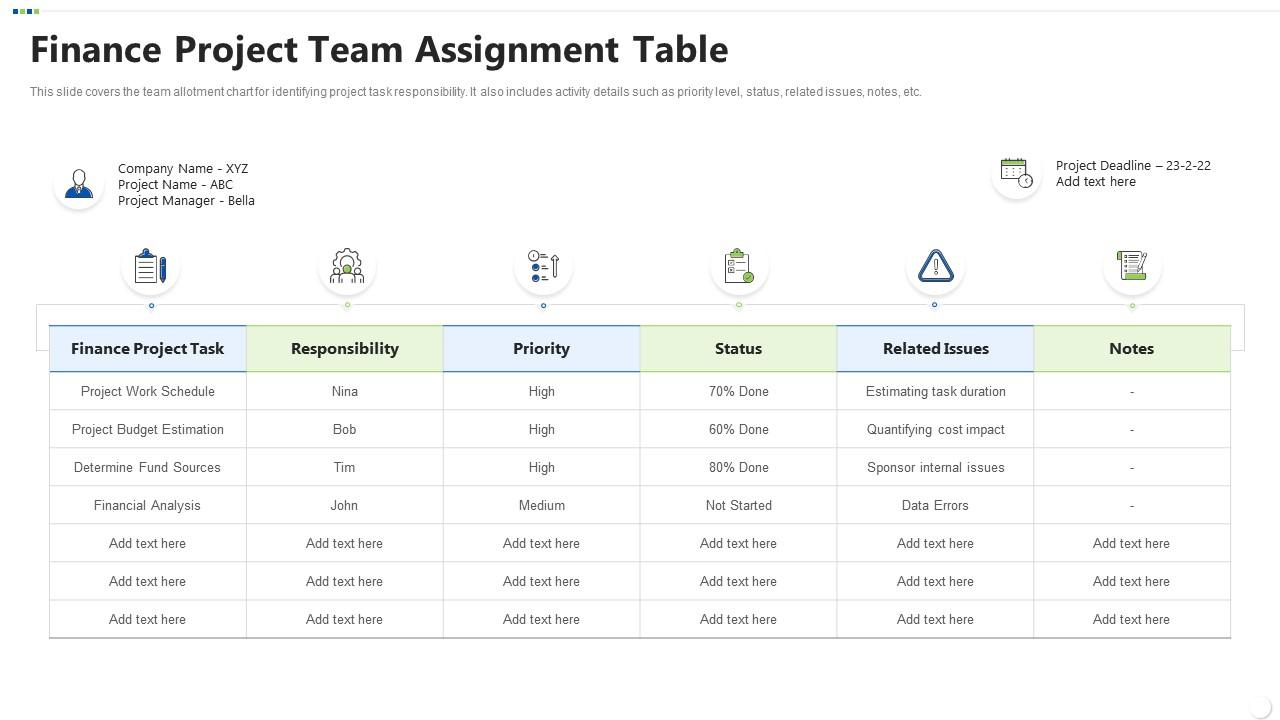 Finance project team assignment table presentation graphics