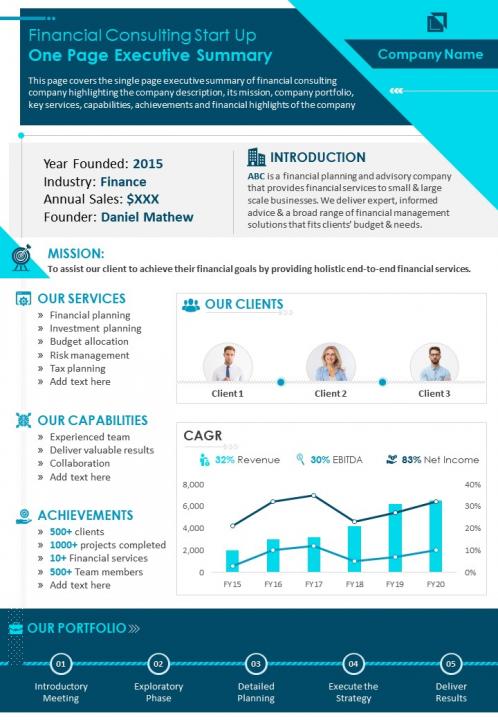 Financial consulting start up one page executive summary presentation report infographic ppt pdf document Slide01