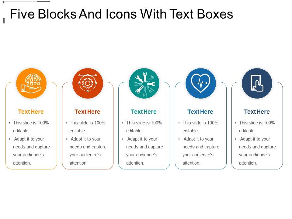 Five Blocks And Icons With Text Boxes PowerPoint Slide Presentation