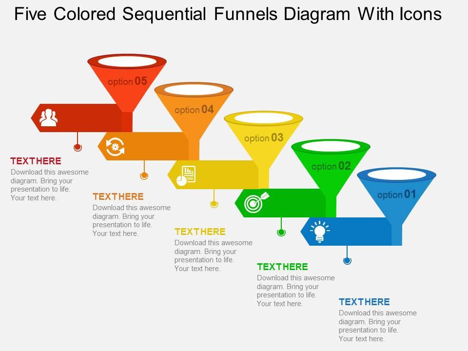 five_colored_sequential_funnels_diagram_with_icons_flat_powerpoint_design_Slide01