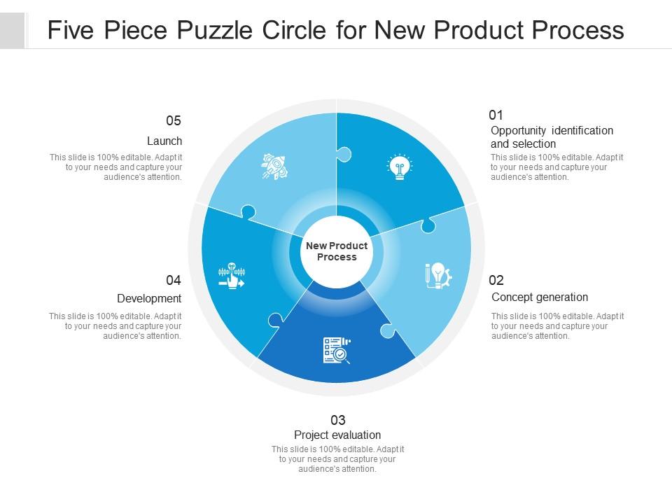Five piece puzzle circle for new product process Slide00