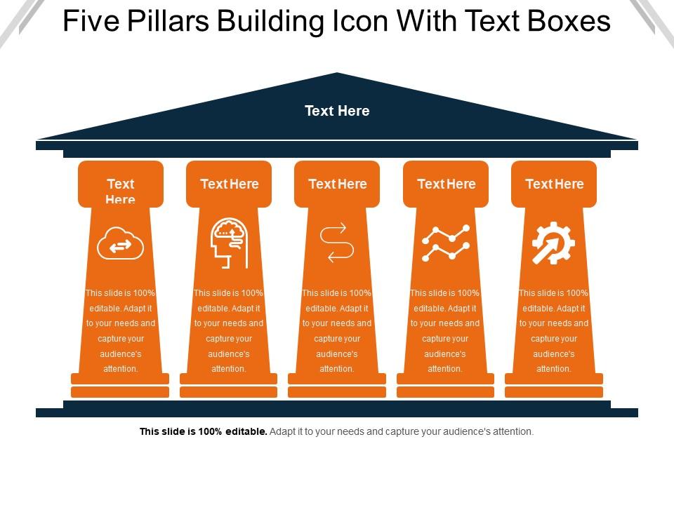 Five Pillars Building Icon With Text Boxes PowerPoint Presentation