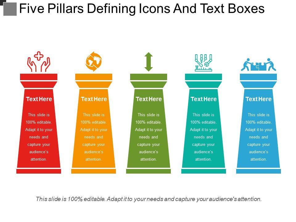 Five Pillars Defining Icons And Text Boxes PowerPoint Slide Clipart