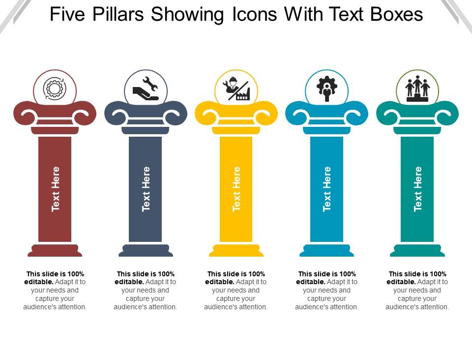 Five Pillars Showing Icons With Text Boxes PowerPoint Slide Templates