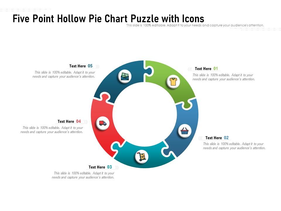 Five point hollow pie chart puzzle with icons Slide01